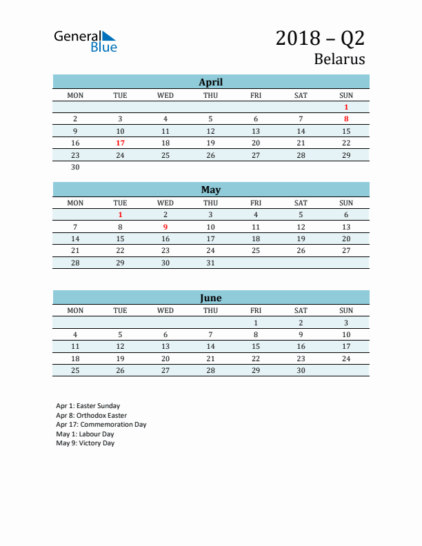Three-Month Planner for Q2 2018 with Holidays - Belarus
