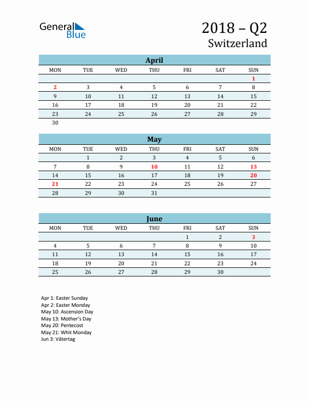 Three-Month Planner for Q2 2018 with Holidays - Switzerland