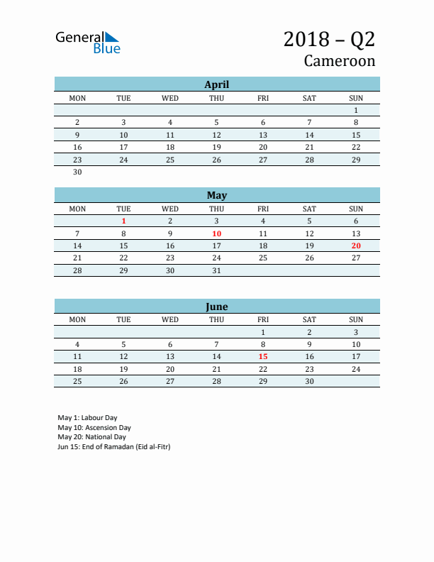 Three-Month Planner for Q2 2018 with Holidays - Cameroon