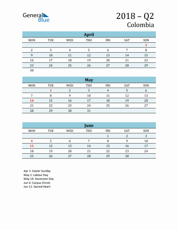 Three-Month Planner for Q2 2018 with Holidays - Colombia