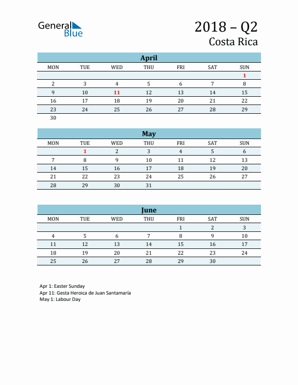 Three-Month Planner for Q2 2018 with Holidays - Costa Rica