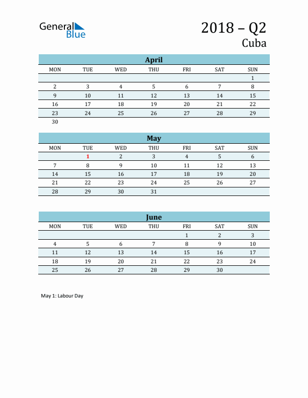 Three-Month Planner for Q2 2018 with Holidays - Cuba