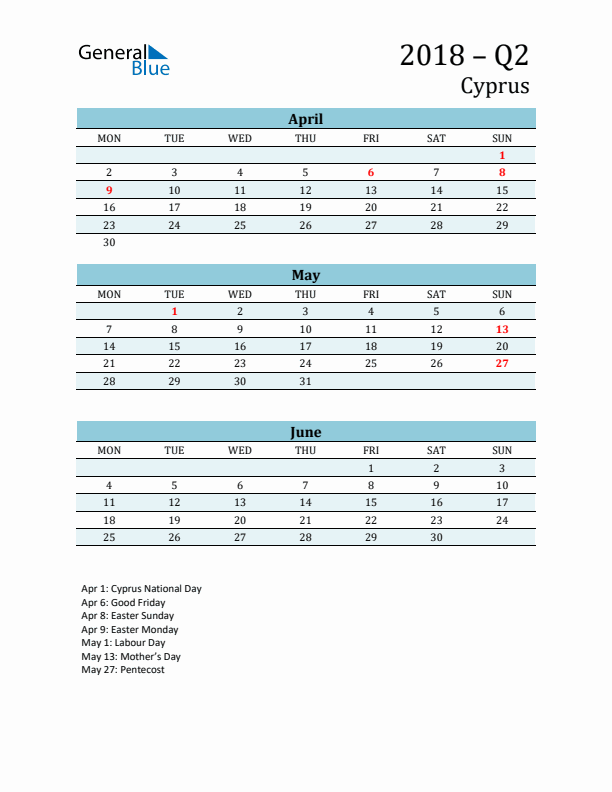 Three-Month Planner for Q2 2018 with Holidays - Cyprus
