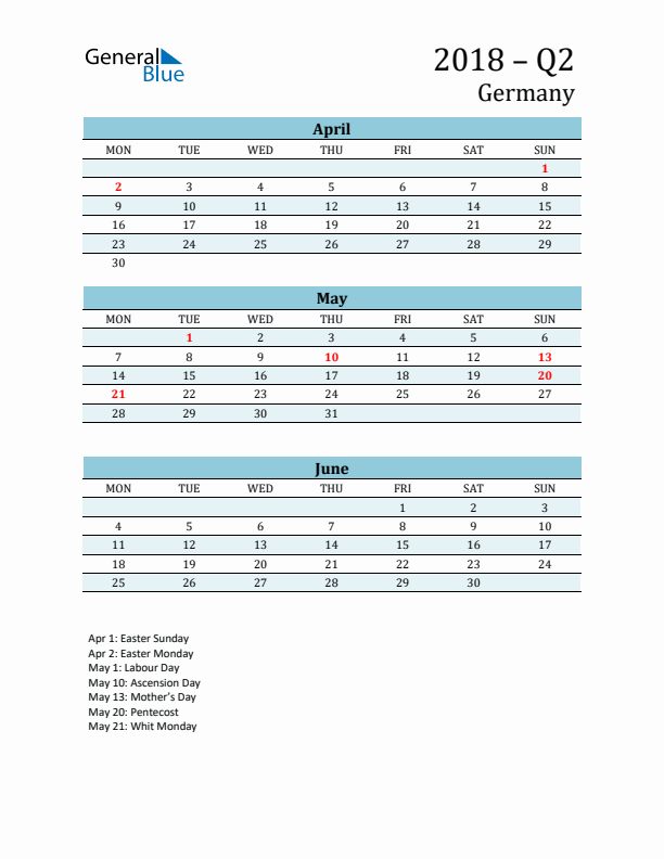 Three-Month Planner for Q2 2018 with Holidays - Germany