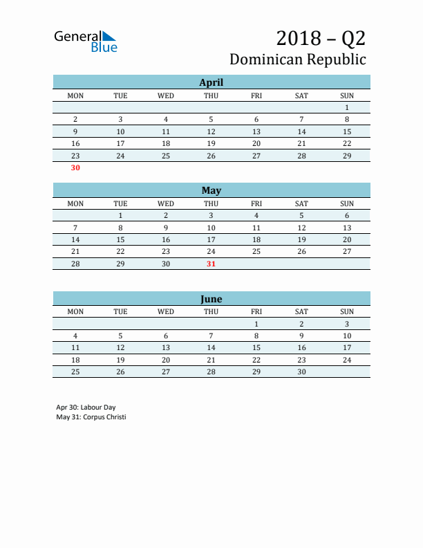 Three-Month Planner for Q2 2018 with Holidays - Dominican Republic
