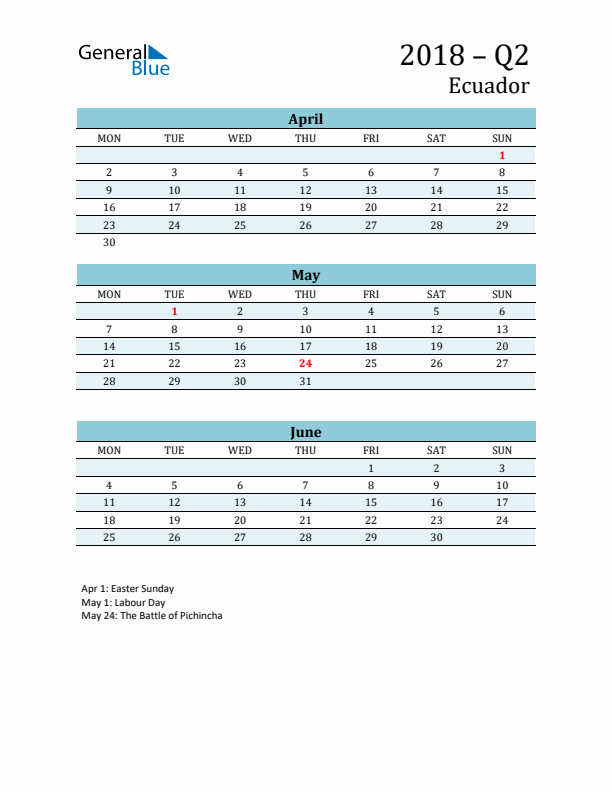 Three-Month Planner for Q2 2018 with Holidays - Ecuador