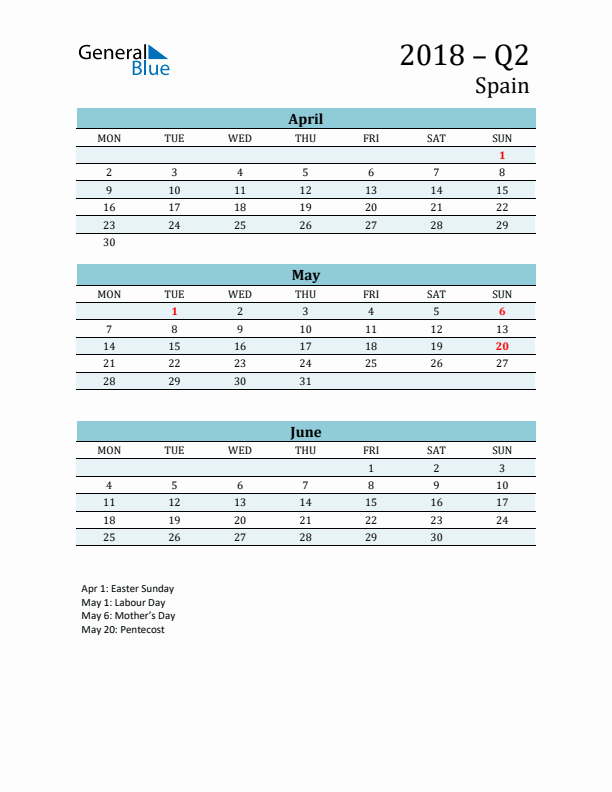 Three-Month Planner for Q2 2018 with Holidays - Spain