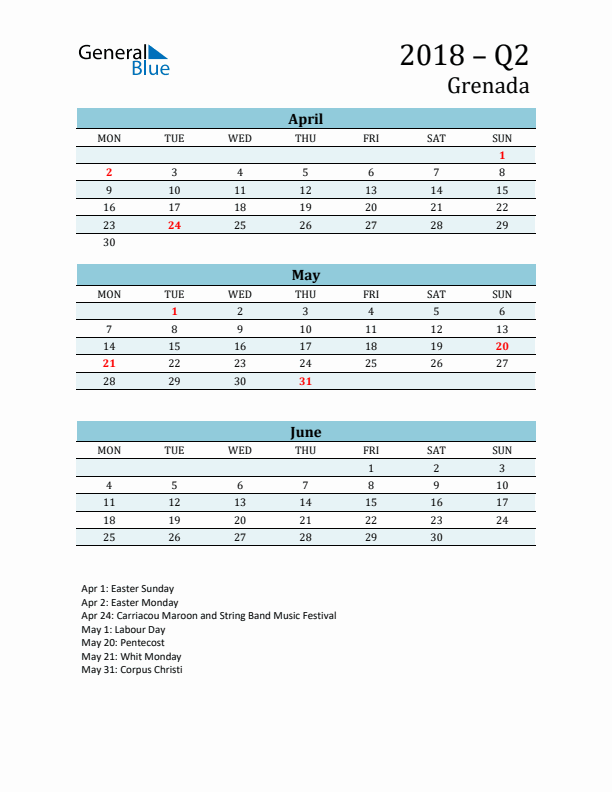 Three-Month Planner for Q2 2018 with Holidays - Grenada
