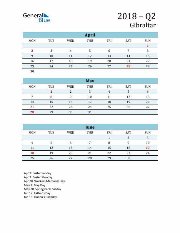 Three-Month Planner for Q2 2018 with Holidays - Gibraltar