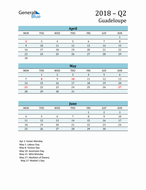 Three-Month Planner for Q2 2018 with Holidays - Guadeloupe