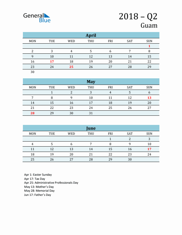 Three-Month Planner for Q2 2018 with Holidays - Guam