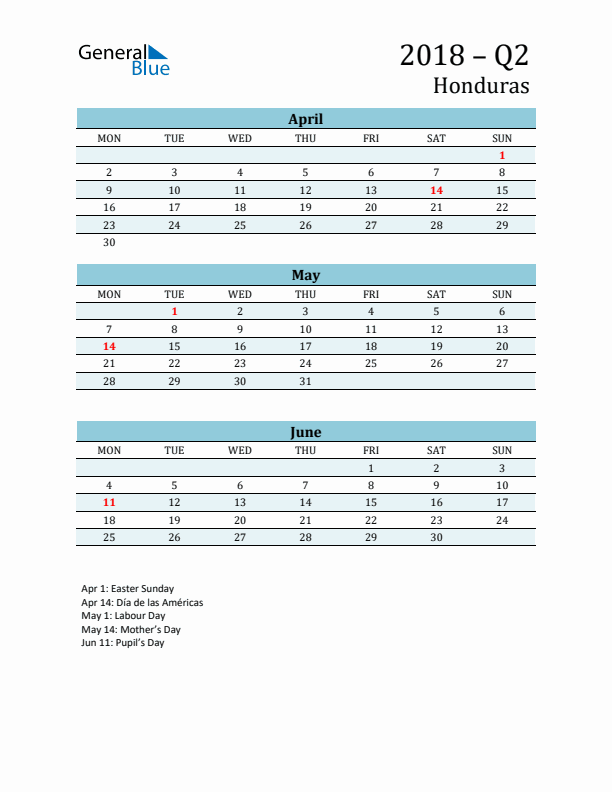 Three-Month Planner for Q2 2018 with Holidays - Honduras