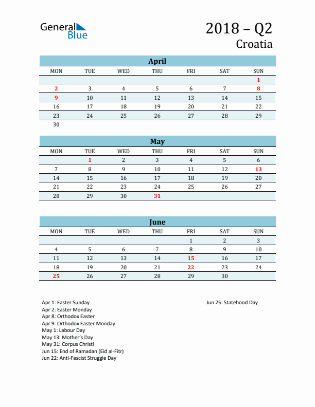 Three-Month Planner for Q2 2018 with Holidays - Croatia