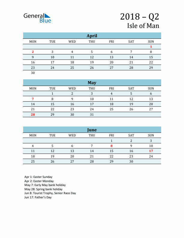 Three-Month Planner for Q2 2018 with Holidays - Isle of Man
