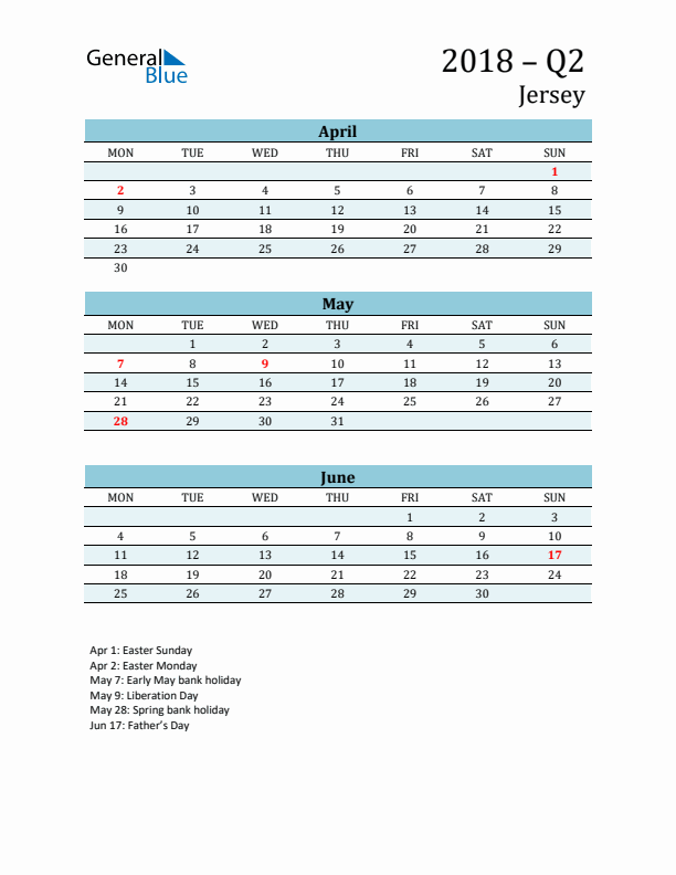 Three-Month Planner for Q2 2018 with Holidays - Jersey