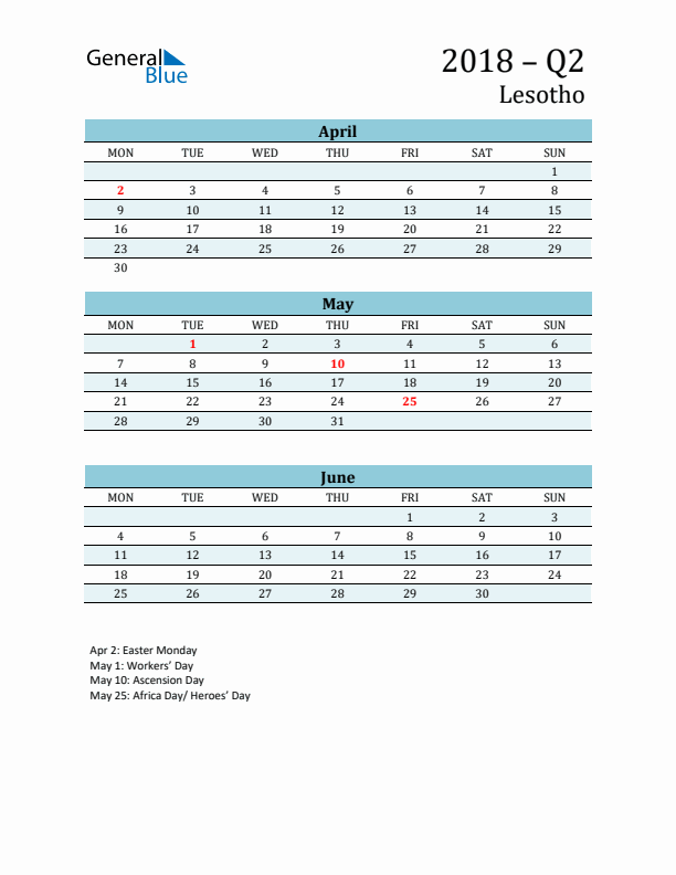 Three-Month Planner for Q2 2018 with Holidays - Lesotho