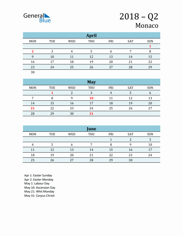 Three-Month Planner for Q2 2018 with Holidays - Monaco