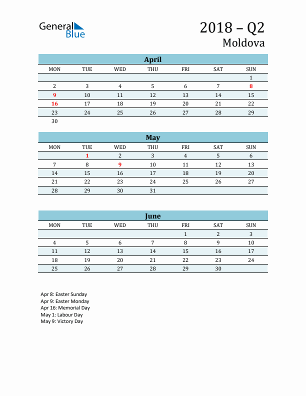 Three-Month Planner for Q2 2018 with Holidays - Moldova