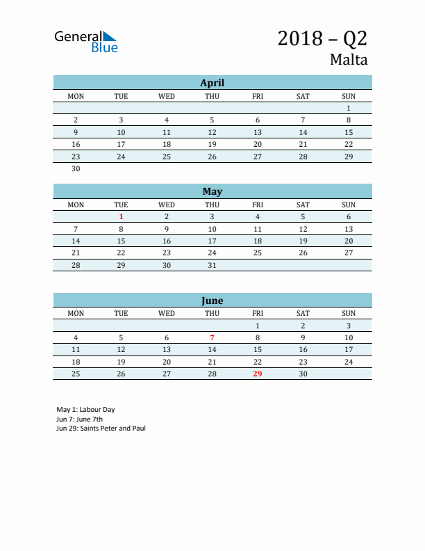 Three-Month Planner for Q2 2018 with Holidays - Malta