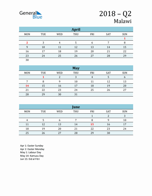 Three-Month Planner for Q2 2018 with Holidays - Malawi