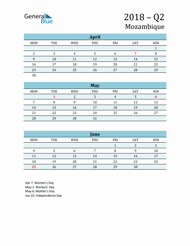 Three-Month Planner for Q2 2018 with Holidays - Mozambique