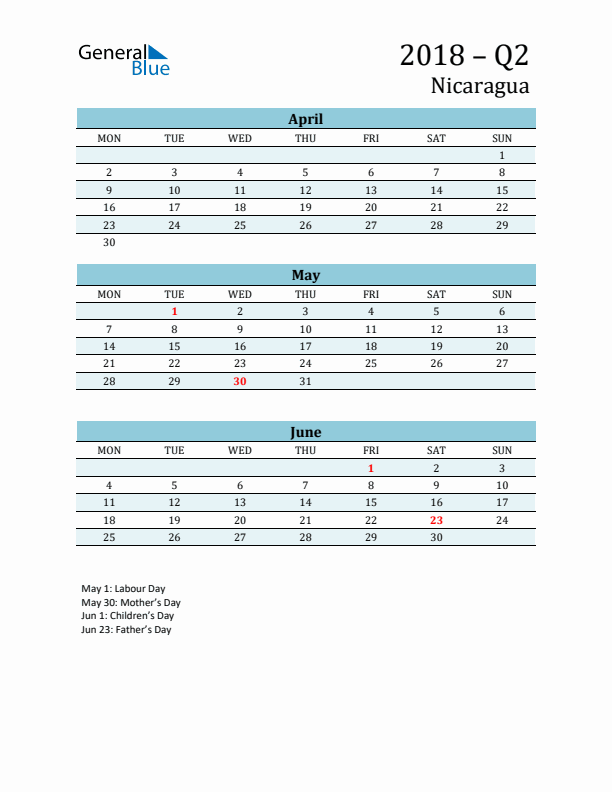Three-Month Planner for Q2 2018 with Holidays - Nicaragua
