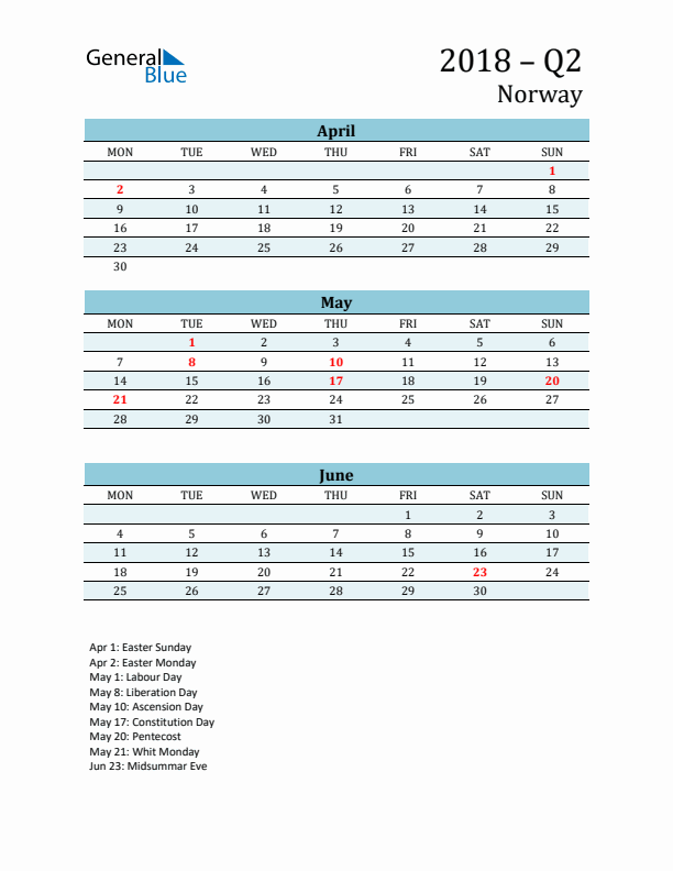 Three-Month Planner for Q2 2018 with Holidays - Norway