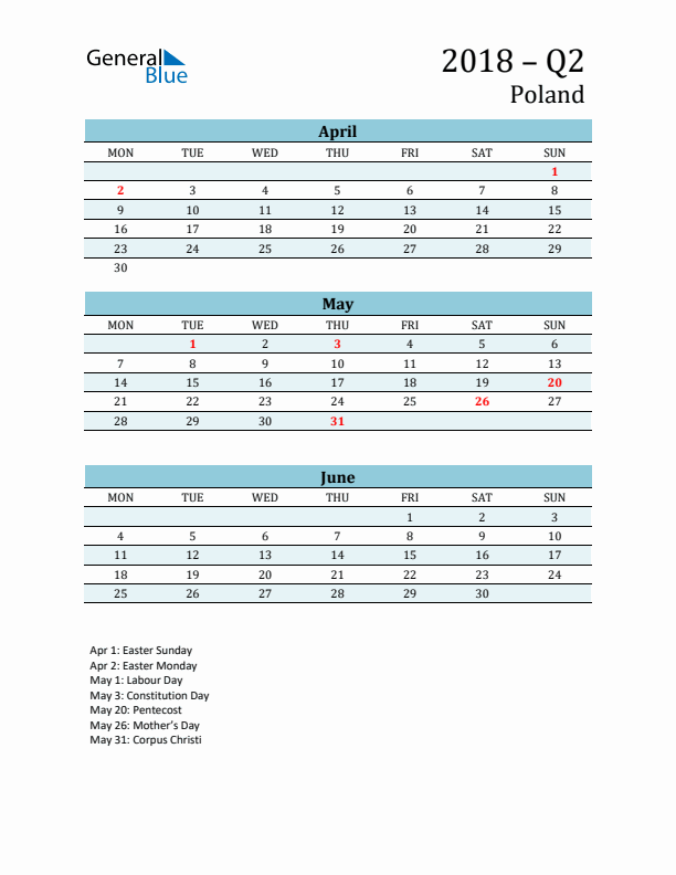 Three-Month Planner for Q2 2018 with Holidays - Poland