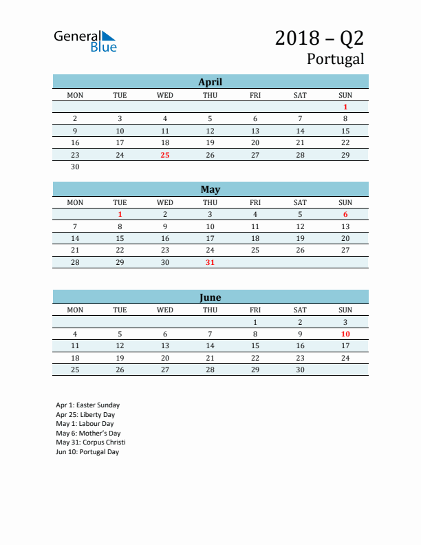 Three-Month Planner for Q2 2018 with Holidays - Portugal