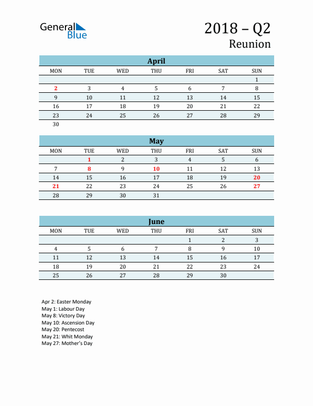 Three-Month Planner for Q2 2018 with Holidays - Reunion