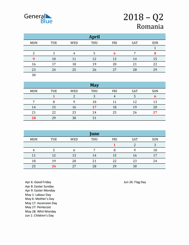 Three-Month Planner for Q2 2018 with Holidays - Romania