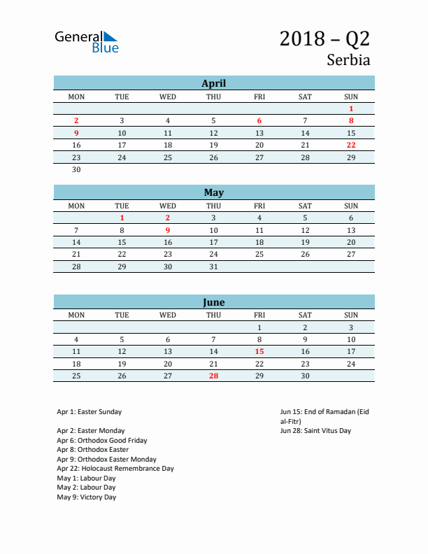 Three-Month Planner for Q2 2018 with Holidays - Serbia