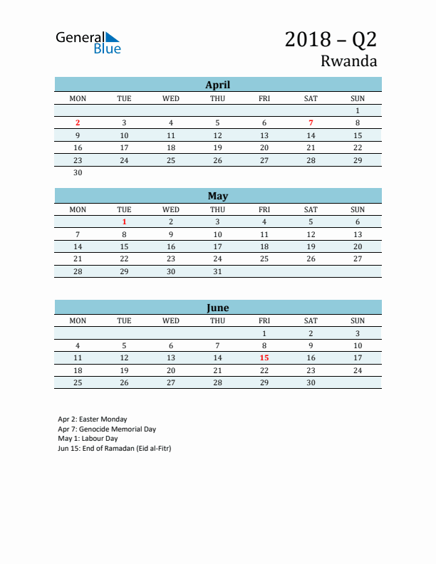 Three-Month Planner for Q2 2018 with Holidays - Rwanda