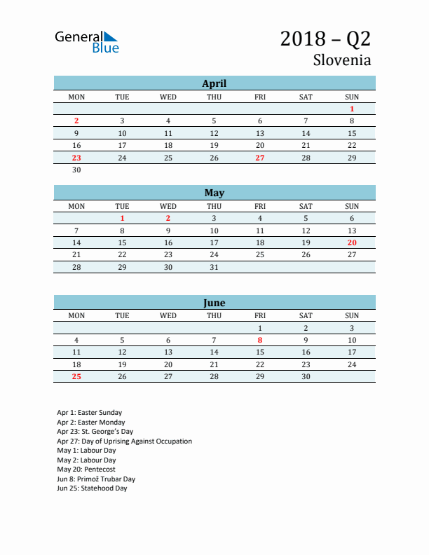 Three-Month Planner for Q2 2018 with Holidays - Slovenia