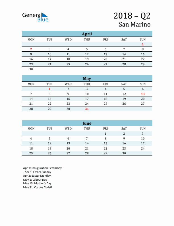Three-Month Planner for Q2 2018 with Holidays - San Marino
