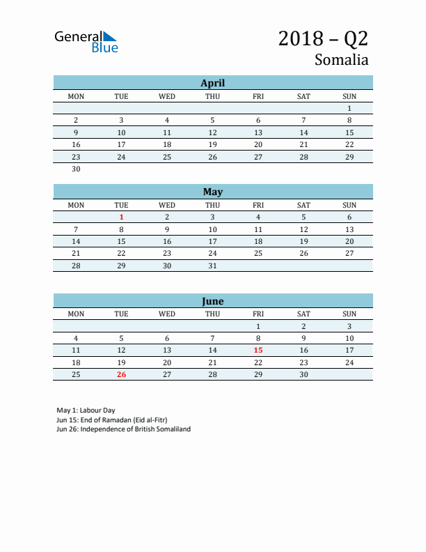 Three-Month Planner for Q2 2018 with Holidays - Somalia