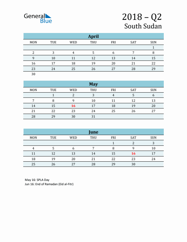 Three-Month Planner for Q2 2018 with Holidays - South Sudan