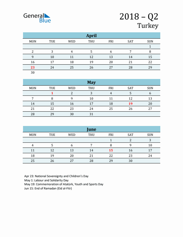 Three-Month Planner for Q2 2018 with Holidays - Turkey