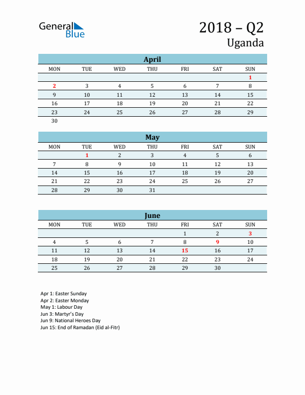 Three-Month Planner for Q2 2018 with Holidays - Uganda