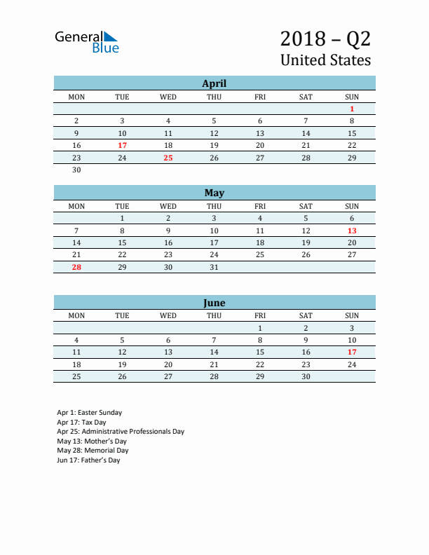 Three-Month Planner for Q2 2018 with Holidays - United States