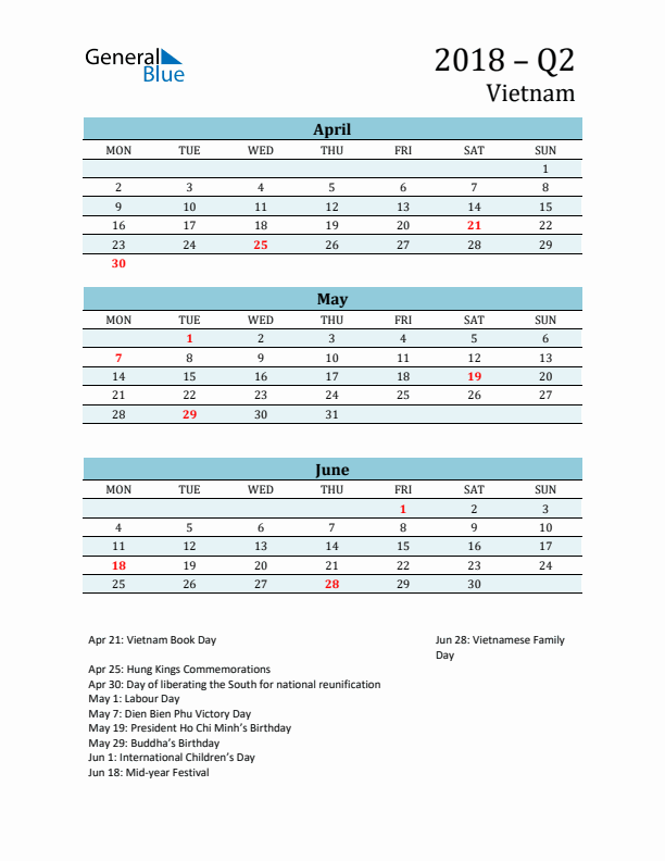 Three-Month Planner for Q2 2018 with Holidays - Vietnam