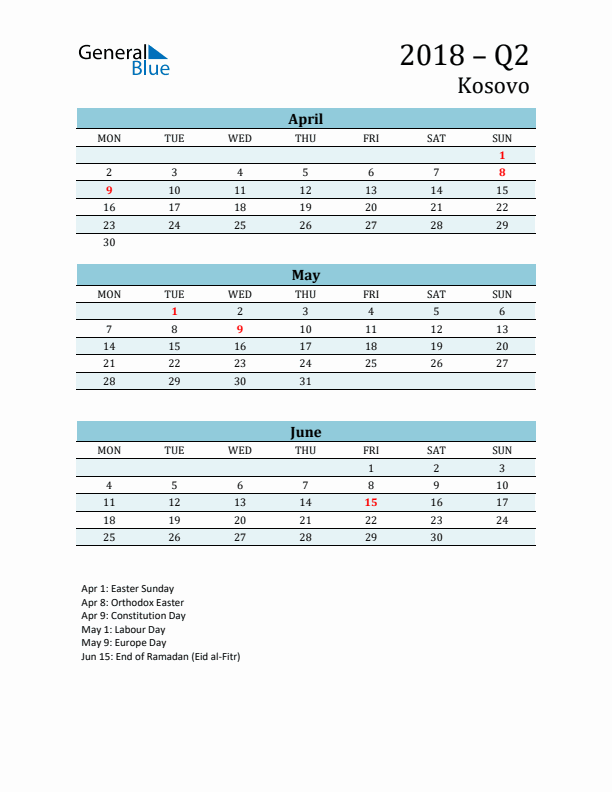 Three-Month Planner for Q2 2018 with Holidays - Kosovo