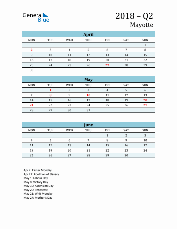 Three-Month Planner for Q2 2018 with Holidays - Mayotte