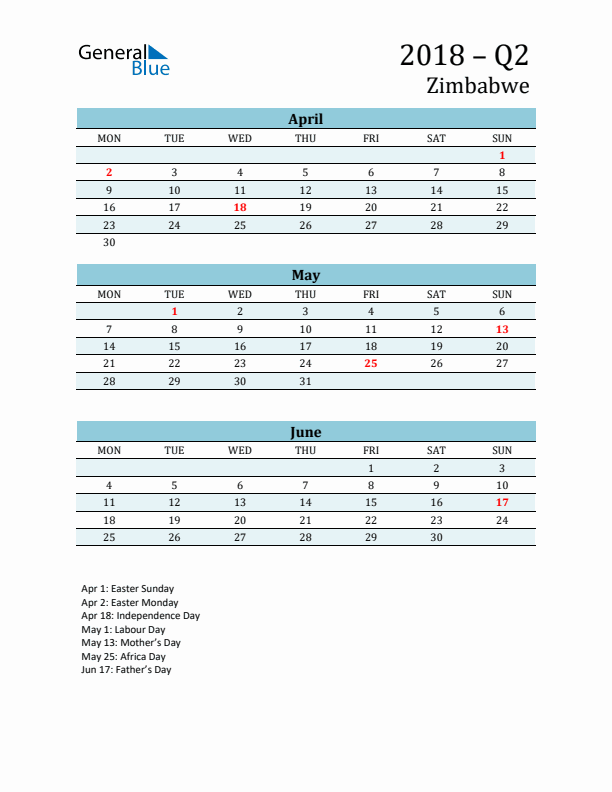 Three-Month Planner for Q2 2018 with Holidays - Zimbabwe