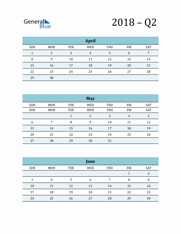 April, May, and June 2018 Calendar