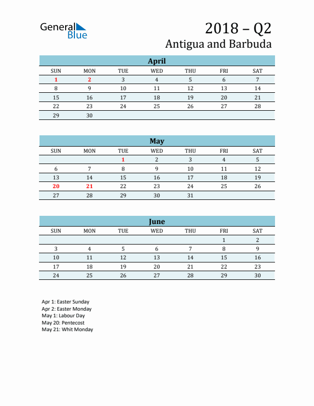 Three-Month Planner for Q2 2018 with Holidays - Antigua and Barbuda