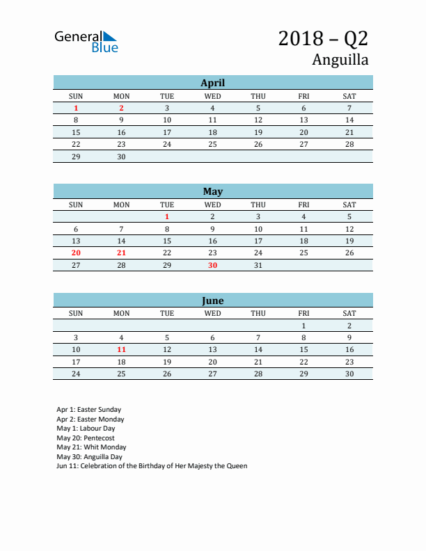 Three-Month Planner for Q2 2018 with Holidays - Anguilla