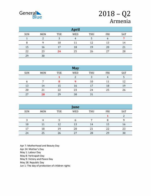 Three-Month Planner for Q2 2018 with Holidays - Armenia