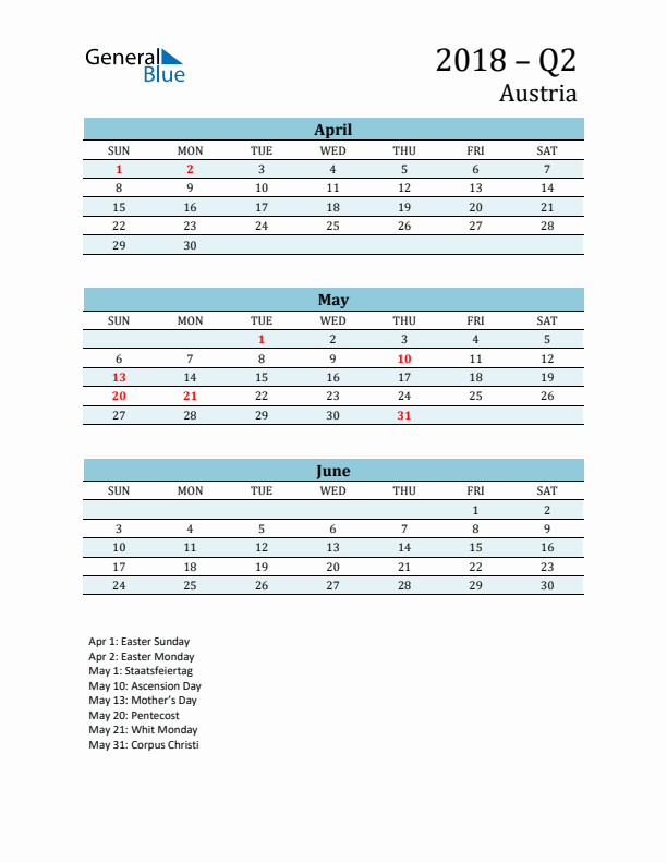 Three-Month Planner for Q2 2018 with Holidays - Austria