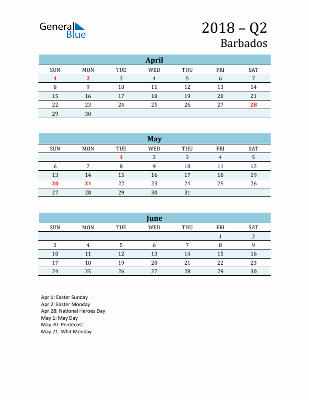 Three-Month Planner for Q2 2018 with Holidays - Barbados